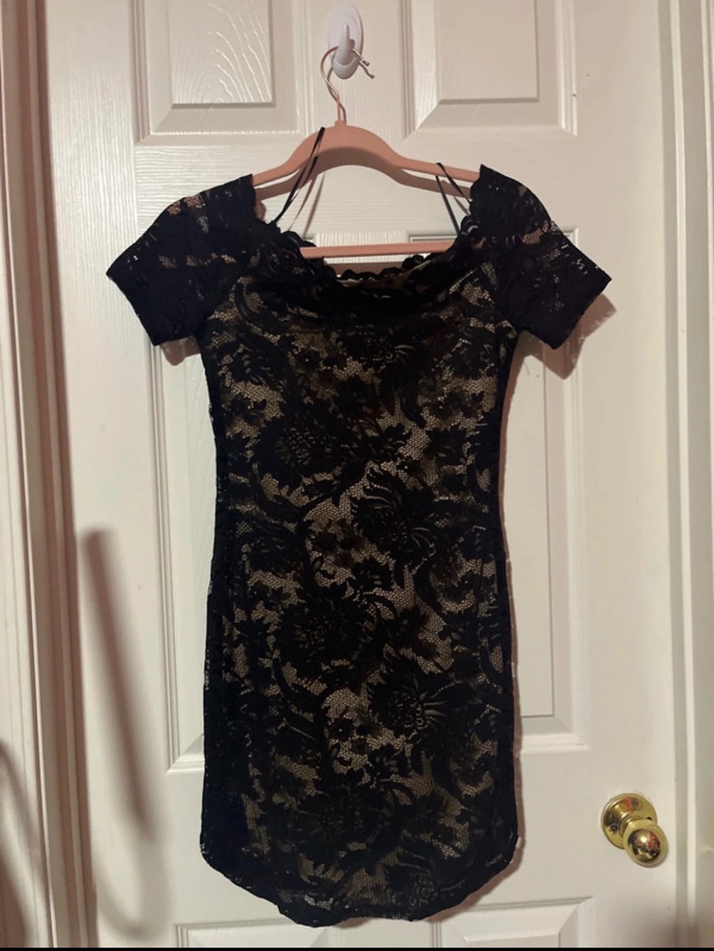 Off-Shoulder Black Lace Mini Dress with Nude Underlay